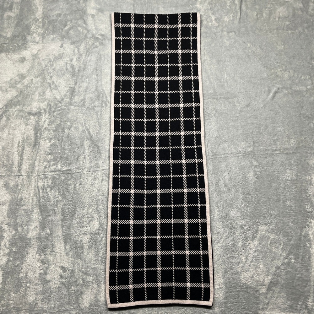 Coach Scarf Black Ivory Reversible Plaid Wool Cotton Knit Leather Logo - Picture 7 of 16